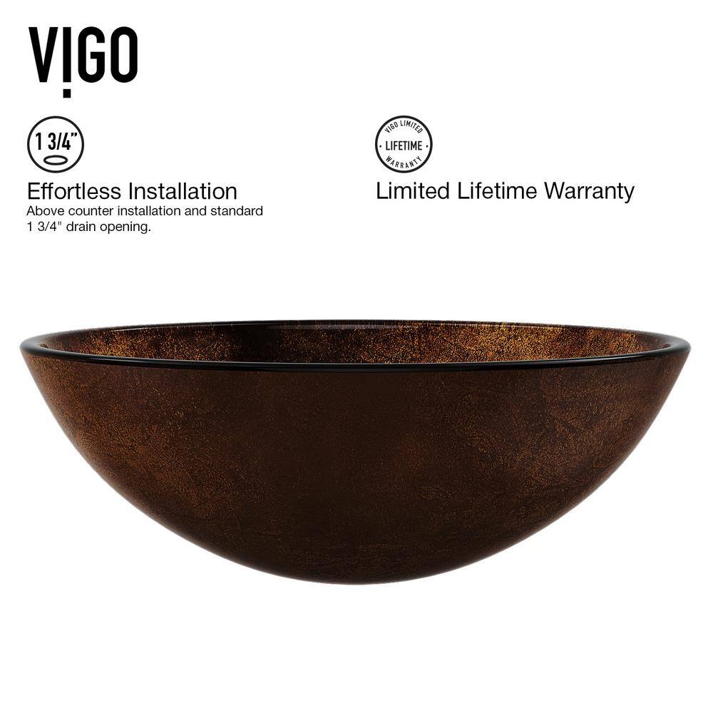 Russet Gold and Brown Glass Round Vessel Sink with Chrome Faucet