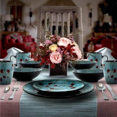 Floral Accents 16-Piece Bohemian Blue Stoneware Dinnerware Set (Service for 4)