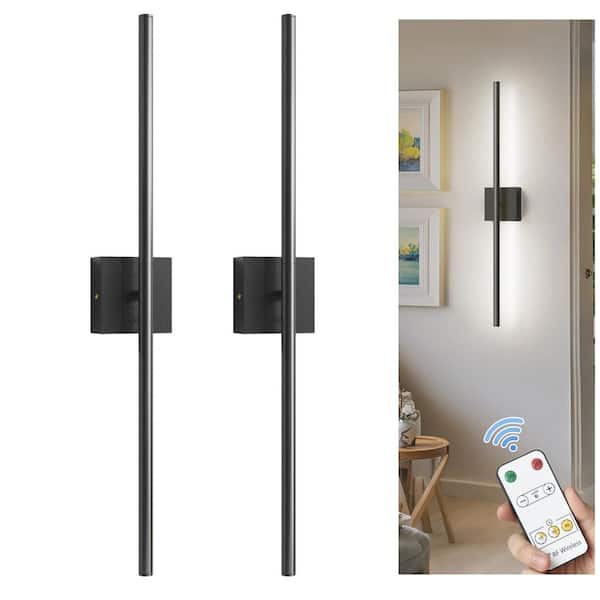 2-Light Black Dimmable Timing LED Wall Sconce with Remote Control, Wireless Installation, USB Charging (2-Pack)