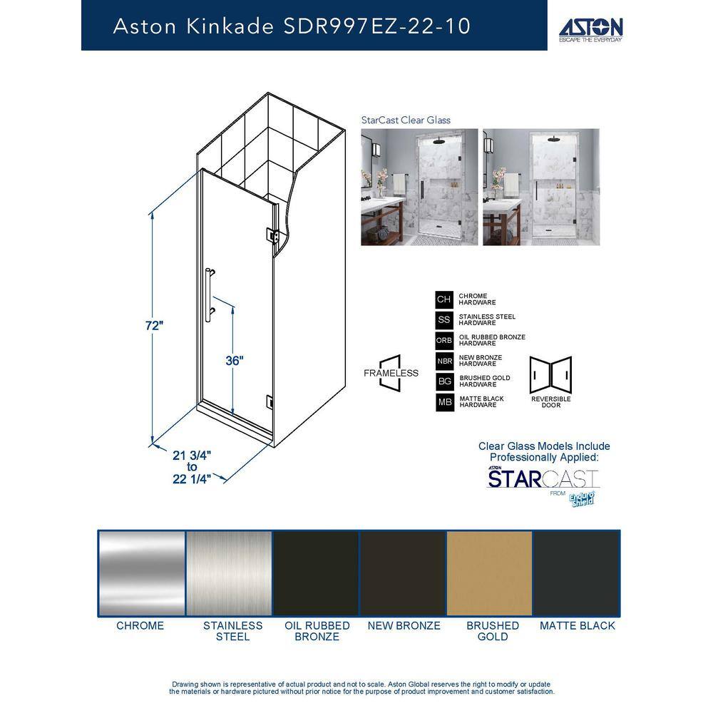 Kinkade 72" High x 22" Wide Bronze Frameless Hinged Shower Door