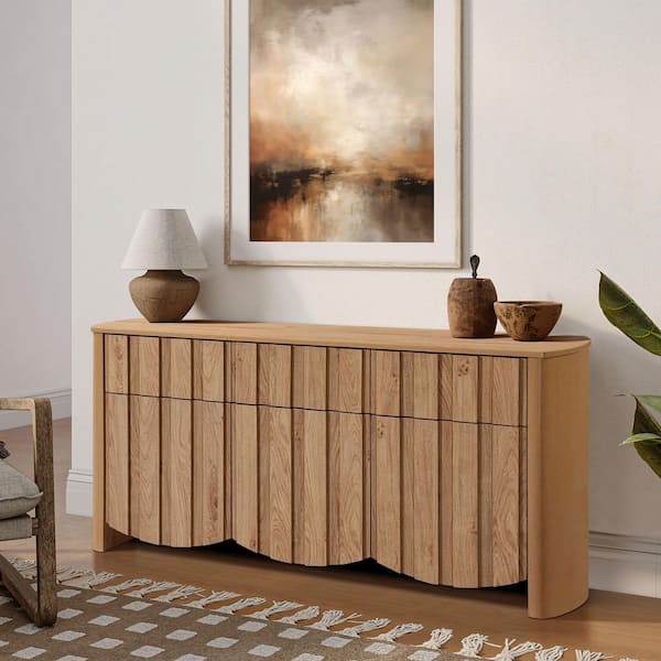 Oak Finish Manufactured Wood 3-Drawer 3-Door 63 in. W Buffet Cabinet
