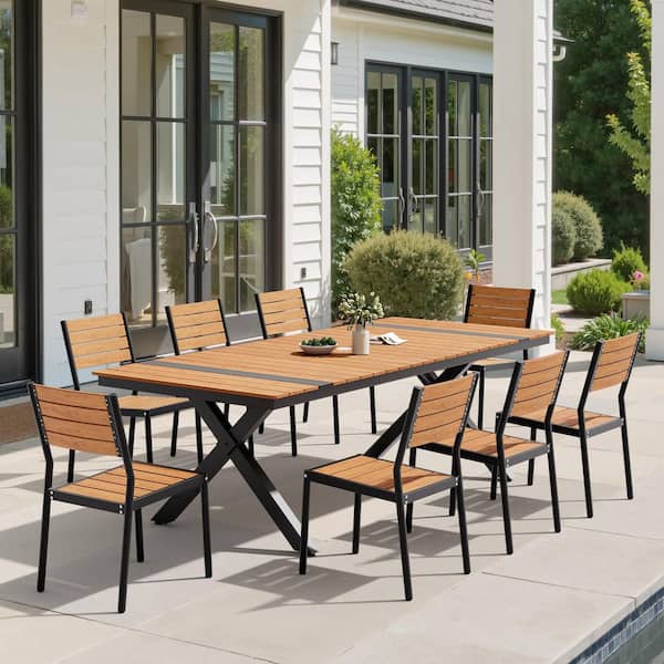 composite slatted patio dining table umbrella hole PHI VILLA Round w/Umbrella Hole, Metal Table for 6, Black 18.90 W * 19.29 D Overall size(Armless chair) Nuu Garden 41'' Round Metal