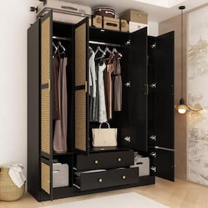 Black & Yellow Wooden 63 in. Width Bedroom Wardrobe, Armoire with 6 Shelves, Rod Cabinets & 2 Drawers