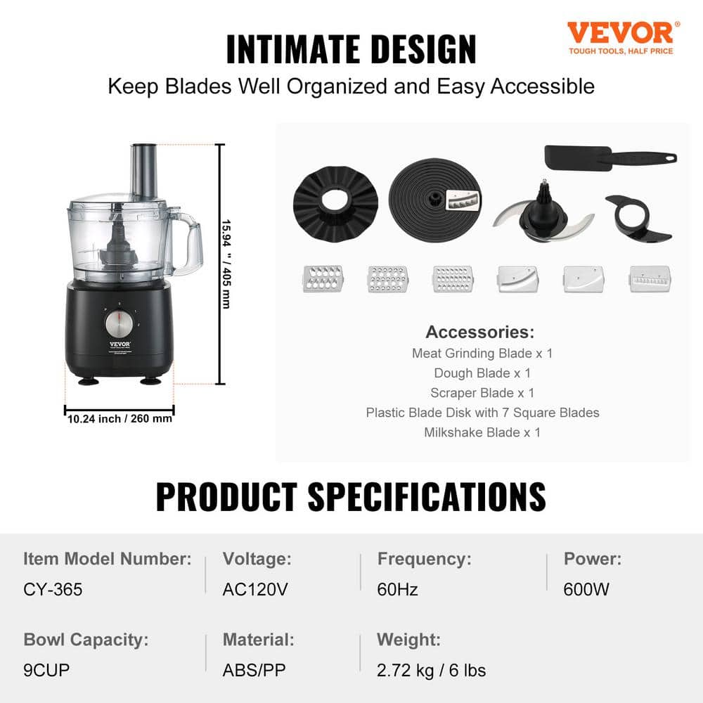 VEVOR 9-Cup Black Food Processor with Variable Speed