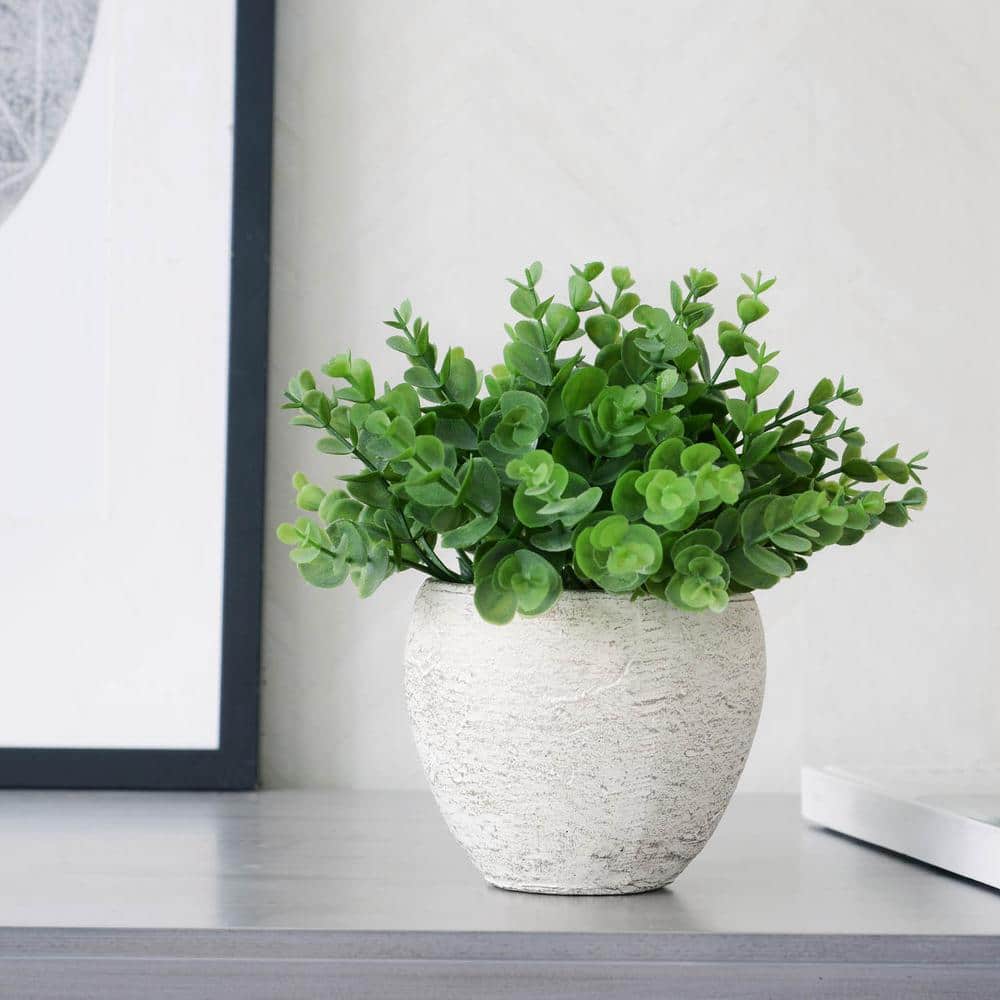 8 in. Artificial Desmodium in Distressed Round Cement Pot Lush Green Leaves