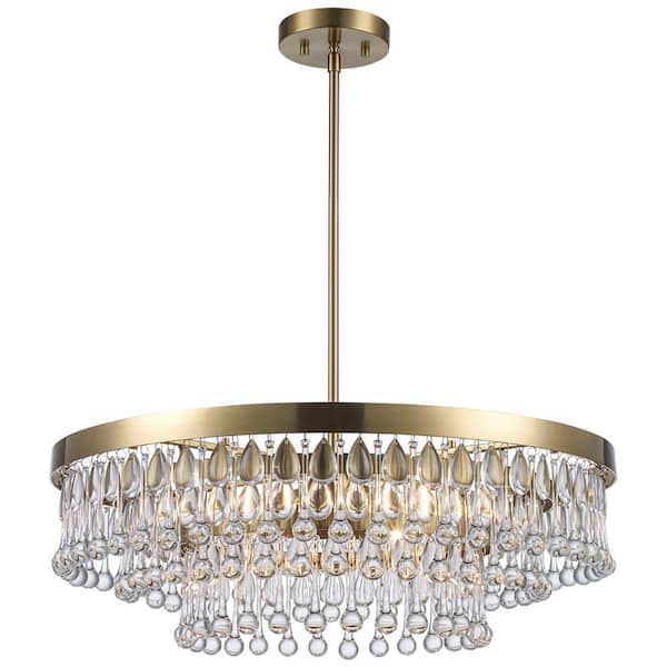 4-Light Brass and Tiered Crystal Pendant Light Fixture with Hanging Crystal Beaded Shade