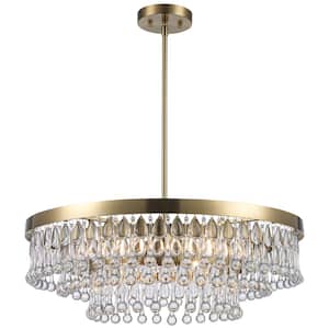 4-Light Brass and Tiered Crystal Pendant Light Fixture with Hanging Crystal Beaded Shade