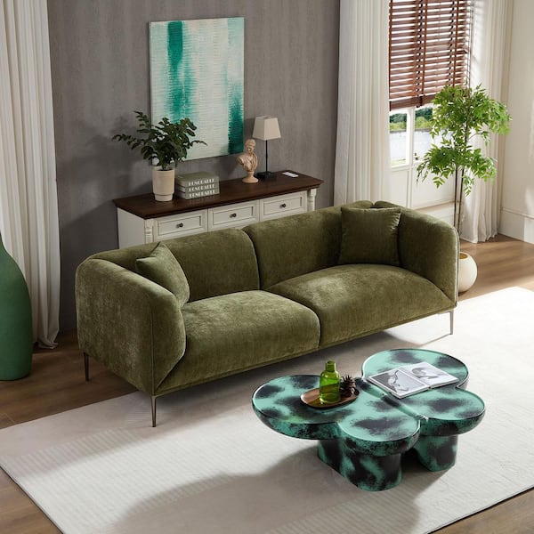 Kelland Modern 82.68 in. Fabric Upholstered Rectangle 3-Seater Sofa in Green with Metal Legs and Pillows