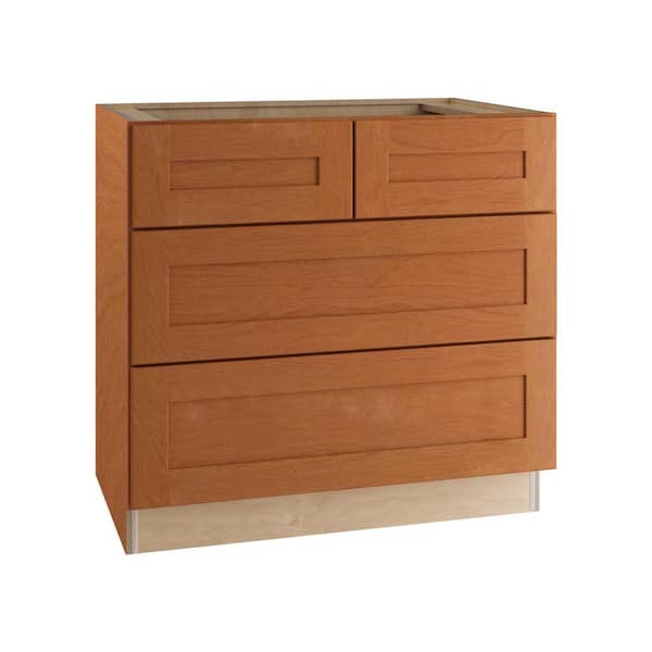 Home Decorators Collection Newport 36 in. W x 24 in. D x 34.5 in. H Assembled Plywood Drawer Base Kitchen Cabinet in Cinnamon with Soft Close