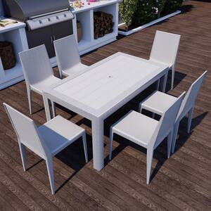 Mace Modern 7-Pcs Patio Dining Set with Stackable Plastic Dining Chairs and Rectangular Dining Table (White)