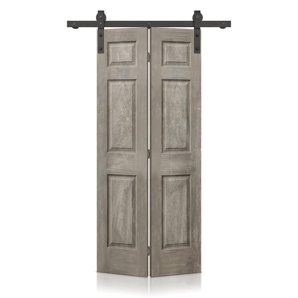 CALHOME 24 in. x 80 in. Vintage Gray Stain 6 Panel MDF Composite Hollow Core Bi-Fold Barn Door with Sliding Hardware Kit