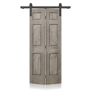 30 in. x 80 in. Vintage Gray Stain 6 Panel MDF Composite Hollow Core Bi-Fold Barn Door with Sliding Hardware Kit