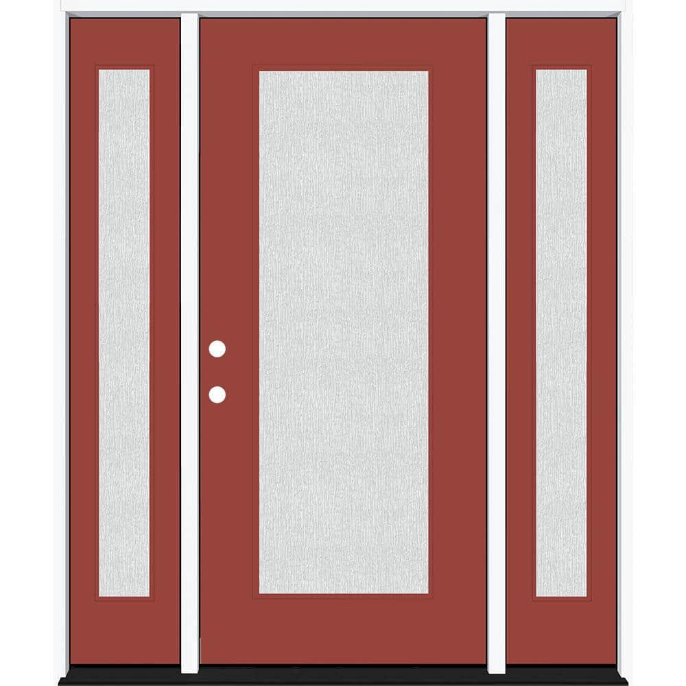 Legacy 64 in. x 80 in. Full Lite Rain Glass RHIS Primed Morocco Red Finish Fiberglass Prehung Front Door w/Dbl 12 in. SL
