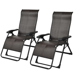 Black Folding Zero Gravity Wicker Outdoor Lounge Chairs in Brown Seat (2-Pack)