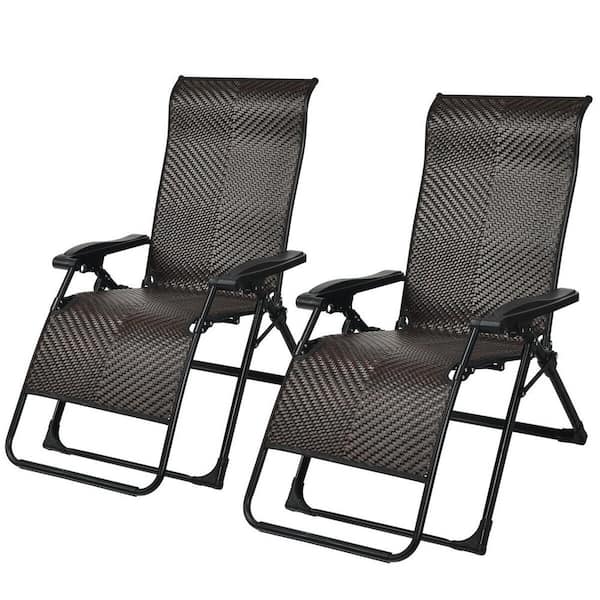 WELLFOR Black Folding Zero Gravity Wicker Outdoor Lounge Chairs in Brown Seat (2-Pack)