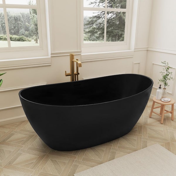 Solvia 65 in. x 33 in. Solid Surface Freestanding Bathtub Stone Resin Soaking Tub in Matte Black