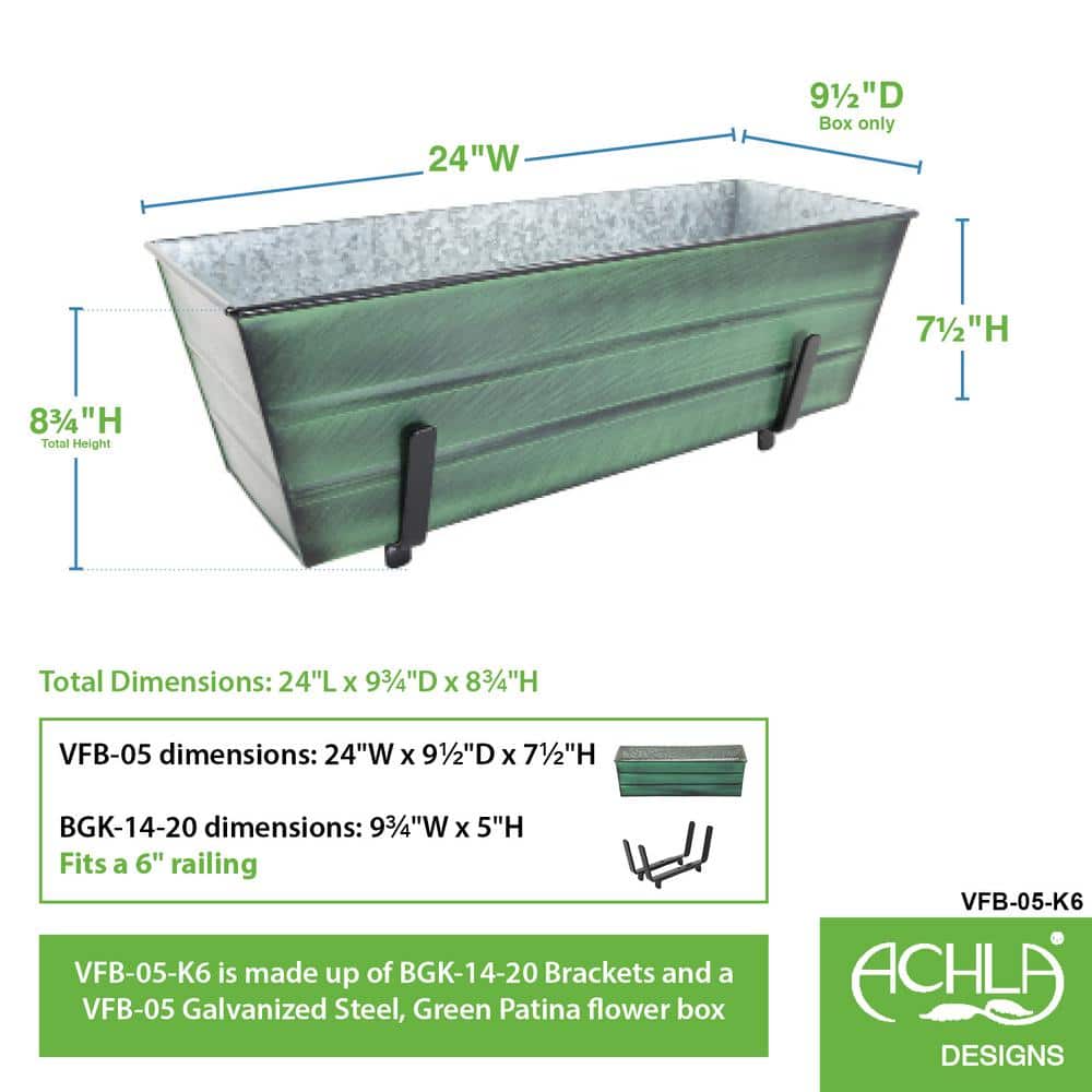 Medium Green Galvanized Flower Box with Brackets