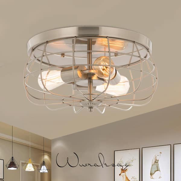15 in. Industrial 3-Light Brushed Nickel Metal Cage Flush Mount