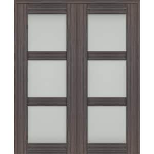 Paola 48 in. x 96 in. Both Active 3-Lite Frosted Glass Gray Oak Wood Composite Double Prehung French Door