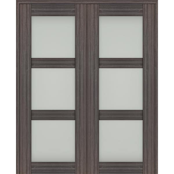 Paola 48 in. x 96 in. Both Active 3-Lite Frosted Glass Gray Oak Wood Composite Double Prehung French Door