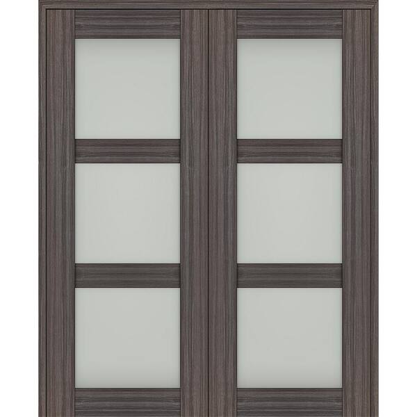 Belldinni Paola 64 in. x 96 in. Both Active 3-Lite Frosted Glass Gray Oak Wood Composite Double Prehung French Door