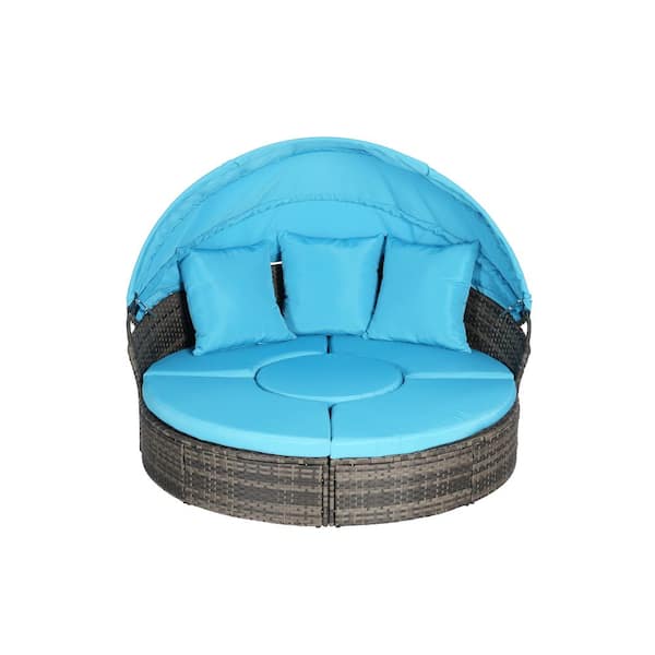 5-Piece Wicker Metal Outdoor Round Day Bed with Light Blue Cushions
