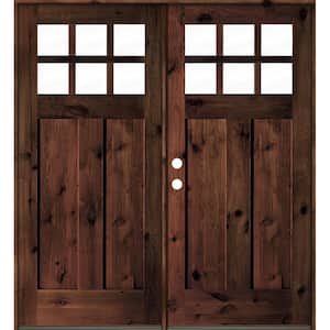 72 in. x 80 in. Craftsman Knotty Alder Wood Clear 6-Lite Red Mahogony Stain Right Active Double Prehung Front Door