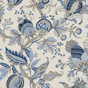 Botantical Floral Leaves Blue/Cream Metallic Textured Finish EcoDeco Material Paper Non-Pasted Wallpaper Roll