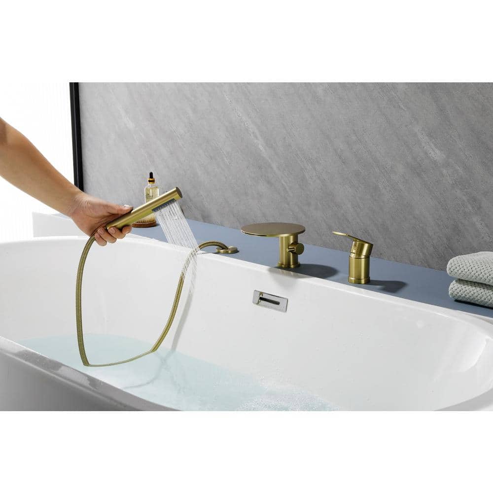 Brushed Gold Solid Brass Deck-Mounted Roman Tub Faucet with Hand Shower