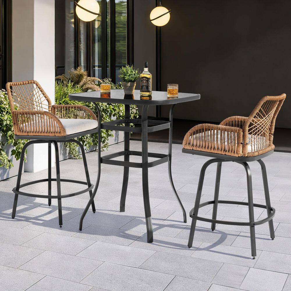 Black and Brown 5-Piece Wicker, Tempered Glass and Metal Square Outdoor Bistro Set with Beige Cushions, Swivel Design price history on PriceWatchPro