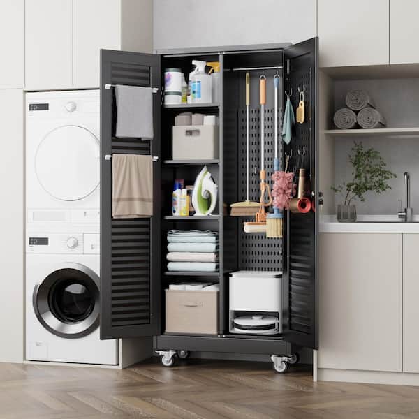 31.5 in. W x 71 in. H x 16 in. D Black Metal Combination/Cleaning Freestand Cabinets with Pegboards, Hooks, Hanging Rods