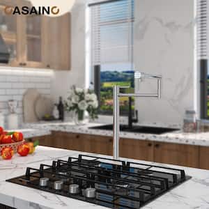 Deck Mount Pot Filler Faucet, Folding Kitchen Faucet with Stretchable Double Joint Swing Arms in Brass Chrome Plating