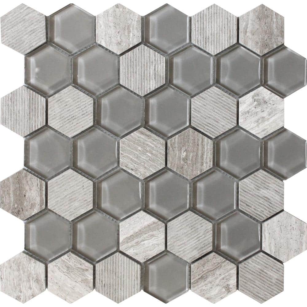 Gray Hexagon Glass and Marble Mosaic Tile for Walls and Floors