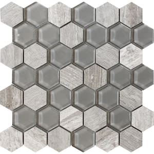 Gray 11.8 in.x12 in. Hexagon Glass and Marble Polished and Etched Mosaic Floor and Wall Tile (5-Pack)(4.92 sq. ft./Case)