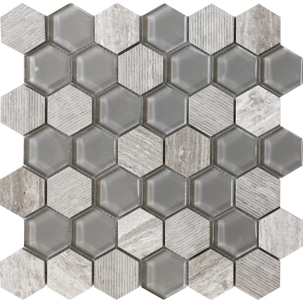 Apollo Tile Gray 11.8 in.x12 in. Hexagon Glass and Marble Polished and Etched Mosaic Floor and Wall Tile (5-Pack)(4.92 sq. ft./Case)
