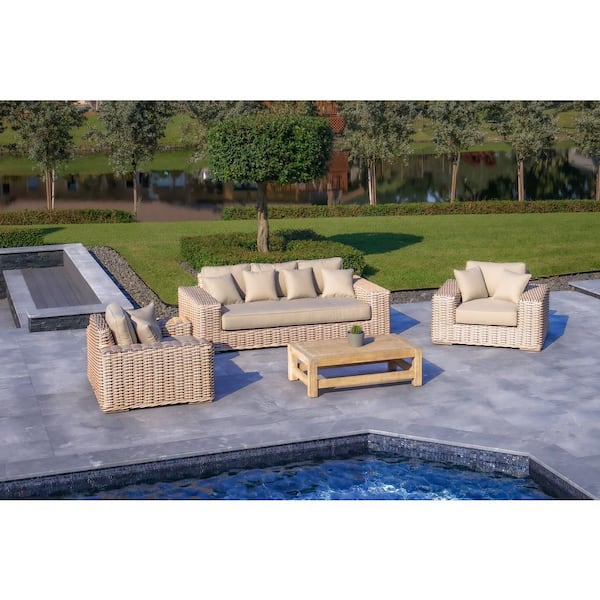 Outsy Anna Lux 4-Piece Patio Extra Deep Seating Wicker Aluminum Frame Conversation Set with Wood Coffee Table in White & Grey