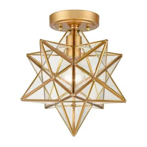 12 in. 1-Light Gold Modern Semi-Flush Mount with Seeded Glass Shade and No Bulbs Included 1-Pack