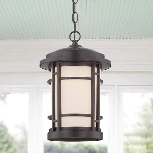 Designers Fountain Barrister Integrated LED Burnished Bronze Outdoor Pendant Hanging Lamp with White Opal Glass Shade