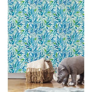 Blue and White Watercolor Leaves Peel and Stick Wallpaper (Covers 28.29 sq. ft.)