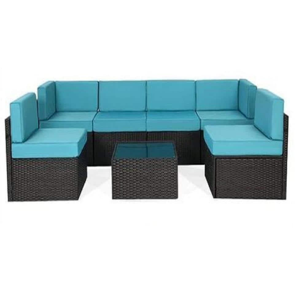 7-Piece Black Wicker Outdoor Sectional Set with Blue Cushions, Patio Furniture Set, Outdoor Sofa Set price history on PriceWatchPro