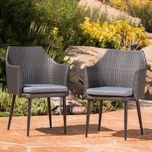Iona Mixed Black Arm Faux Rattan Outdoor Dining Chairs with Grey Cushion (2-Pack)
