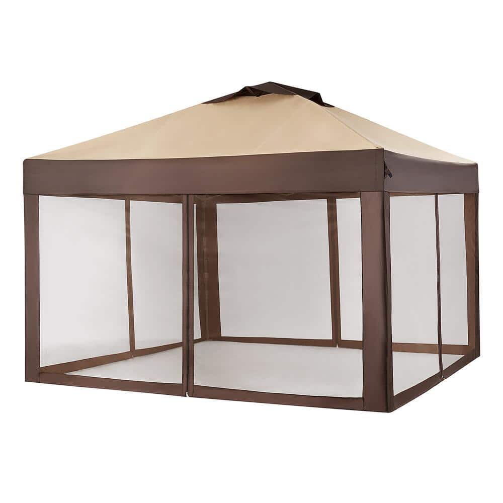 Razernij Dempsey Antecedent Hampton Bay Stockton 11 ft. x 11 ft. Brown Outdoor Patio Pop-Up Canopy with  Netting CL121PA - The Home Depot