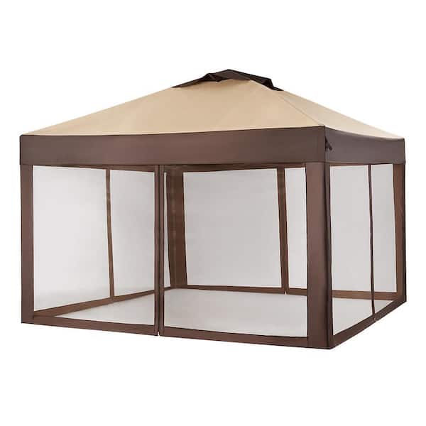 Hampton Bay Stockton 11 ft. x 11 ft. Brown Outdoor Patio Pop-Up Canopy with Netting