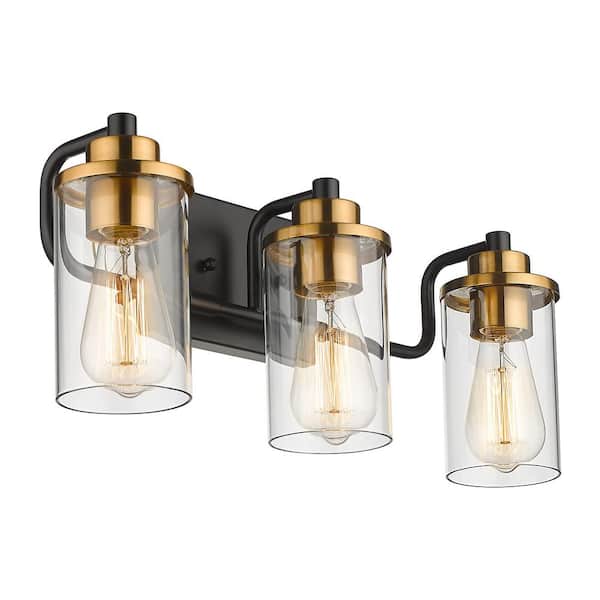 JAZAVA 19.75 in. 3-Light Black and Brushed Gold Vanity Light with Clear Glass Shade