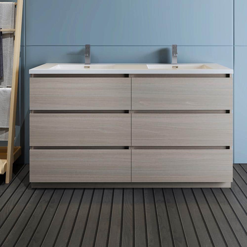 Gray Wood 60" Freestanding Double Sink Vanity with Acrylic Top