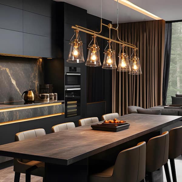 Auisre Modern 37.8 in. 5-Light Plated Brass Linear Chandelier for Kitchen Island with Classic Bell Seeded Glass Shades