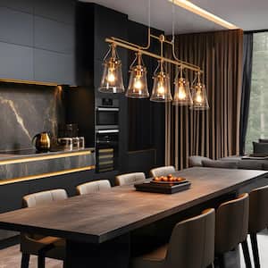Modern 5-Light Plating Brass Linear Chandelier for Kitchen Island with Bell Seeded Glass Shade and No Bulb Included