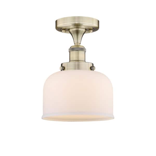 Bell 7.75 in. 1-Light Antique Brass Art Nouveau Semi-Flush Mount with Frosted Glass Shade