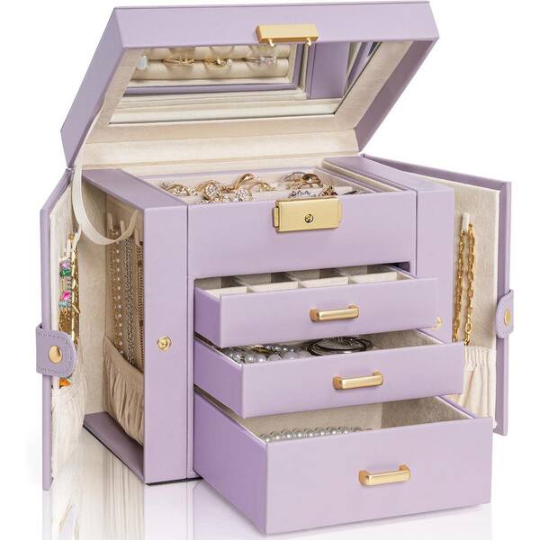 4-Tier Jewelry Box Faux Leather Jewelry Storage Organizer with 3 Drawers Lockable with Mirror, Purple