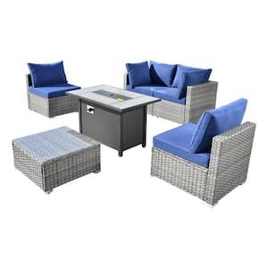 Sanibel Gray 6-Piece Wicker Outdoor Patio Conversation Sofa Sectional Set with a Metal Fire Pit and Navy Blue Cushions